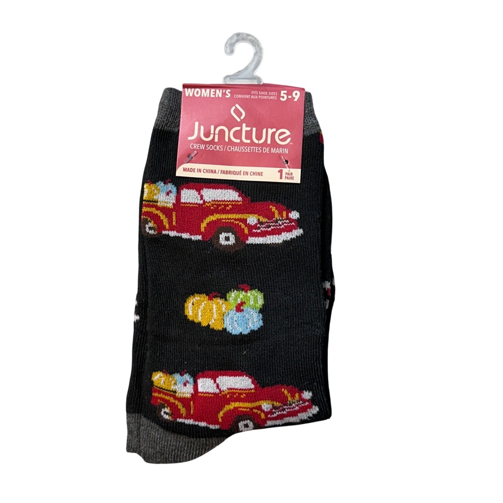 Juncture‎ Crew Socks Womens 5-9 Black Red Truck Pumpkin Fall Harvest Holiday